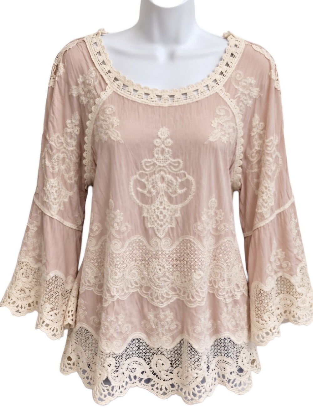 0198 Democracy XS Blush Pink Embroidered Lace Crochet Boho Cottagecore Blouse